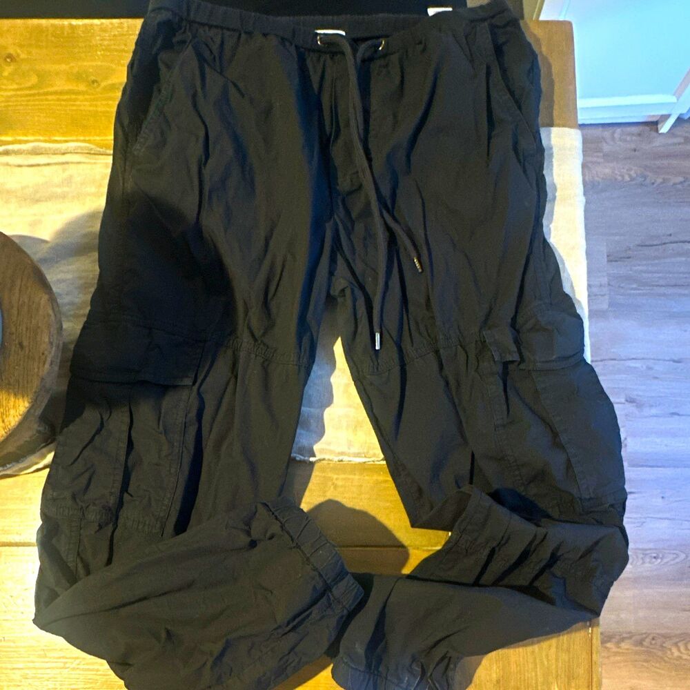 James Perse Women’s Black Cotton Cargo Pants Drawstring Elastic Waist Pockets S